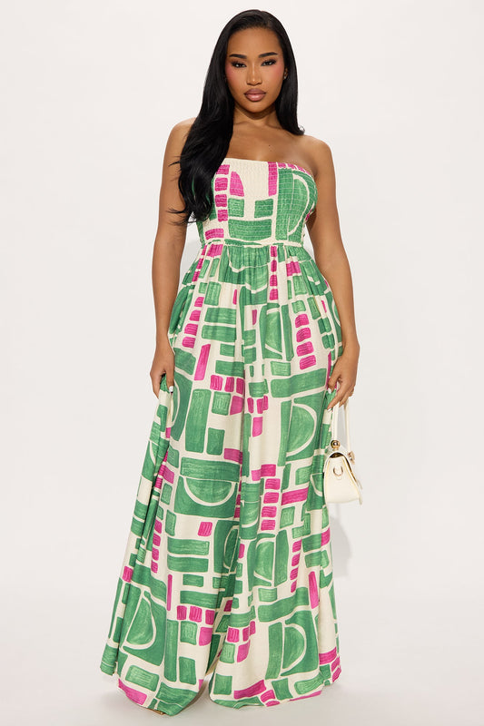 Nissa Strapless Smocked Jumpsuit - Green/combo