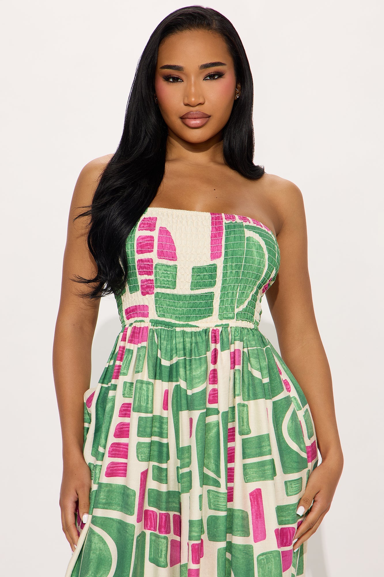 Nissa Strapless Smocked Jumpsuit - Green/combo