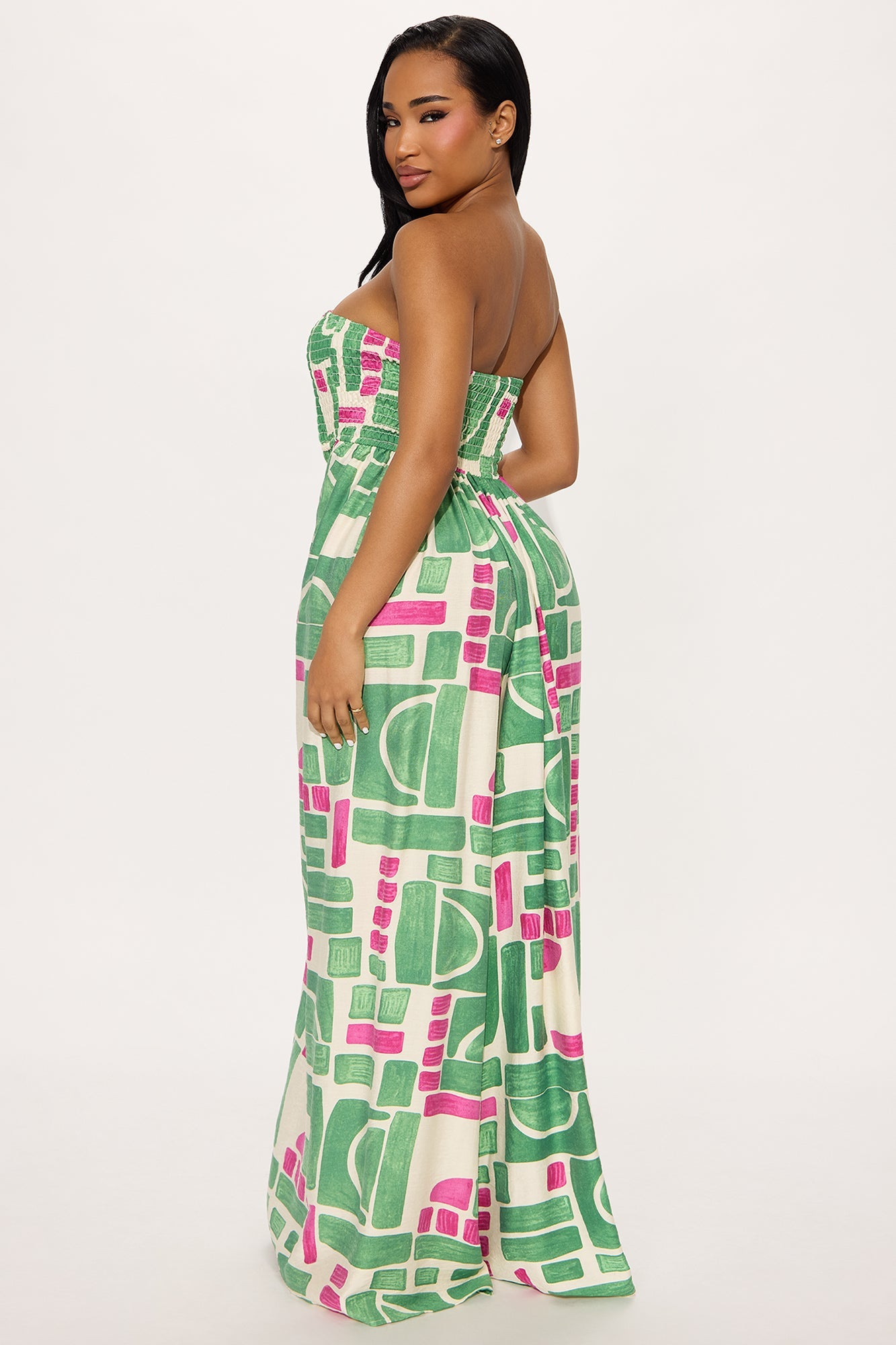 Nissa Strapless Smocked Jumpsuit - Green/combo