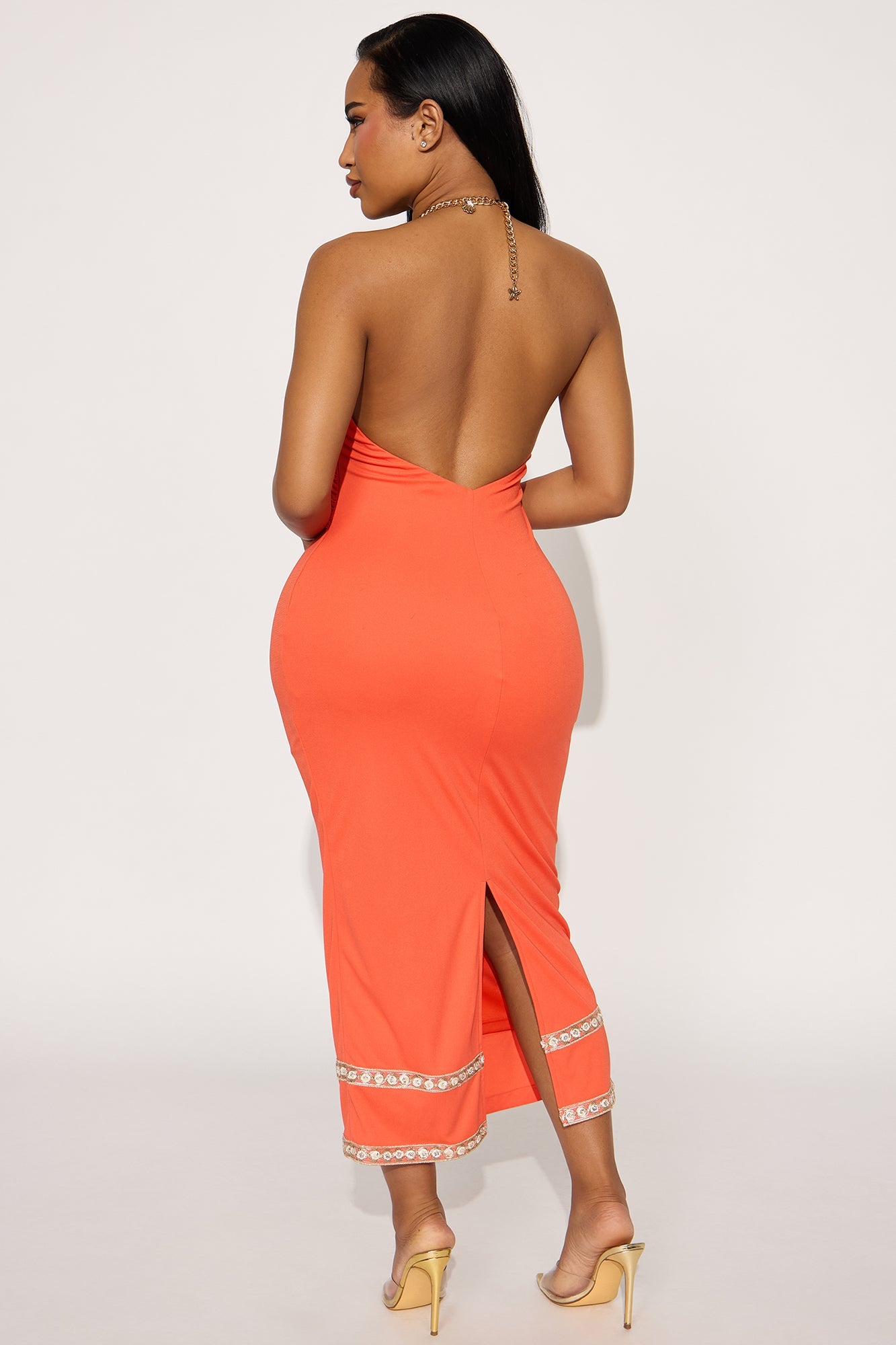 Seaside Sunset Shells Halter Midi Dress - Orange
