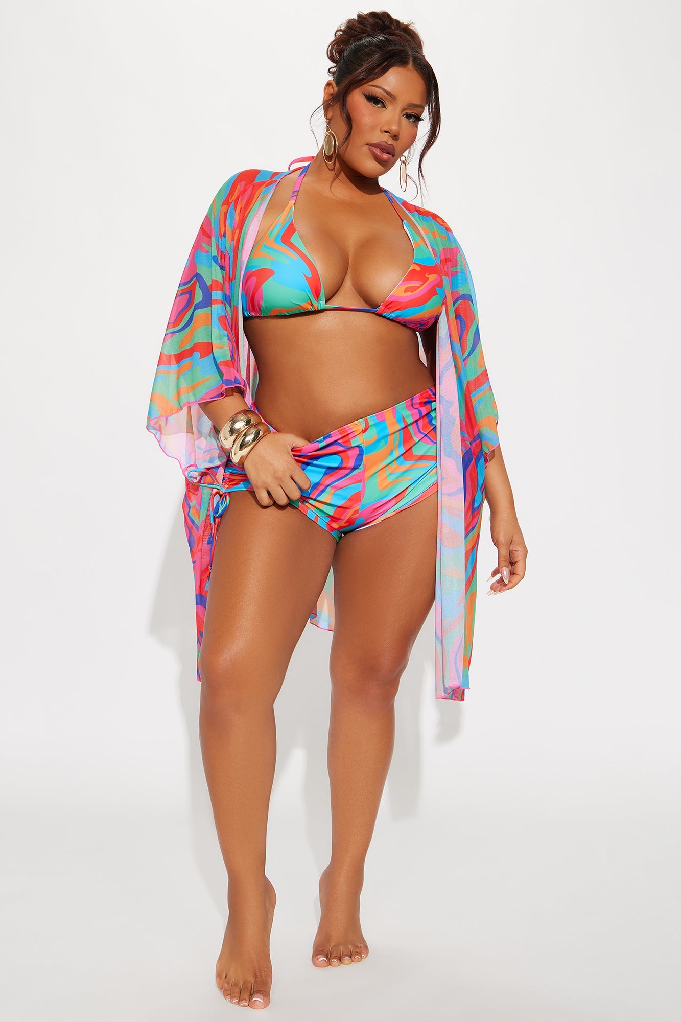 Kairi Ruched Boyshort & Kimono 3 Piece Bikini Set - Multi Color