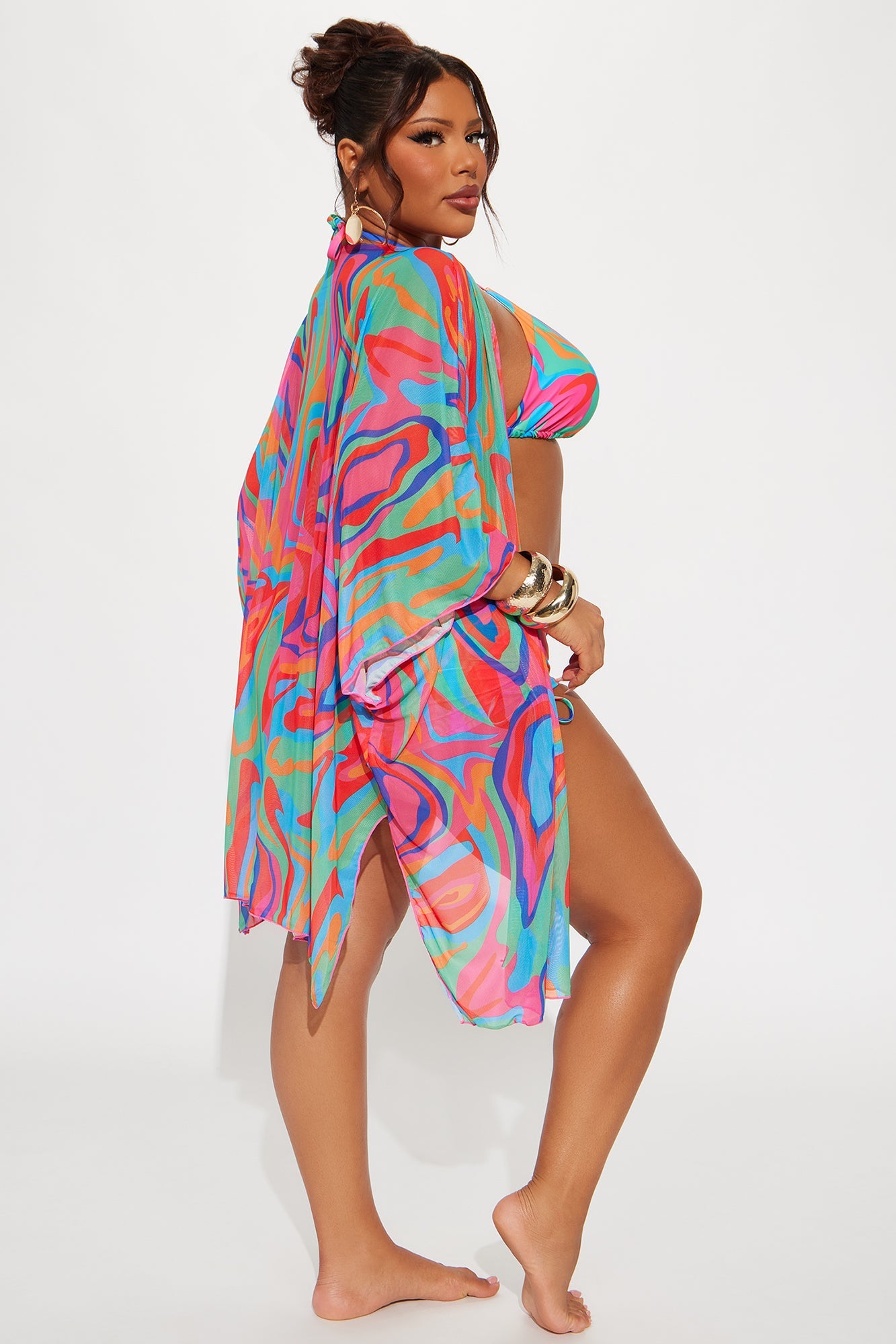 Kairi Ruched Boyshort & Kimono 3 Piece Bikini Set - Multi Color