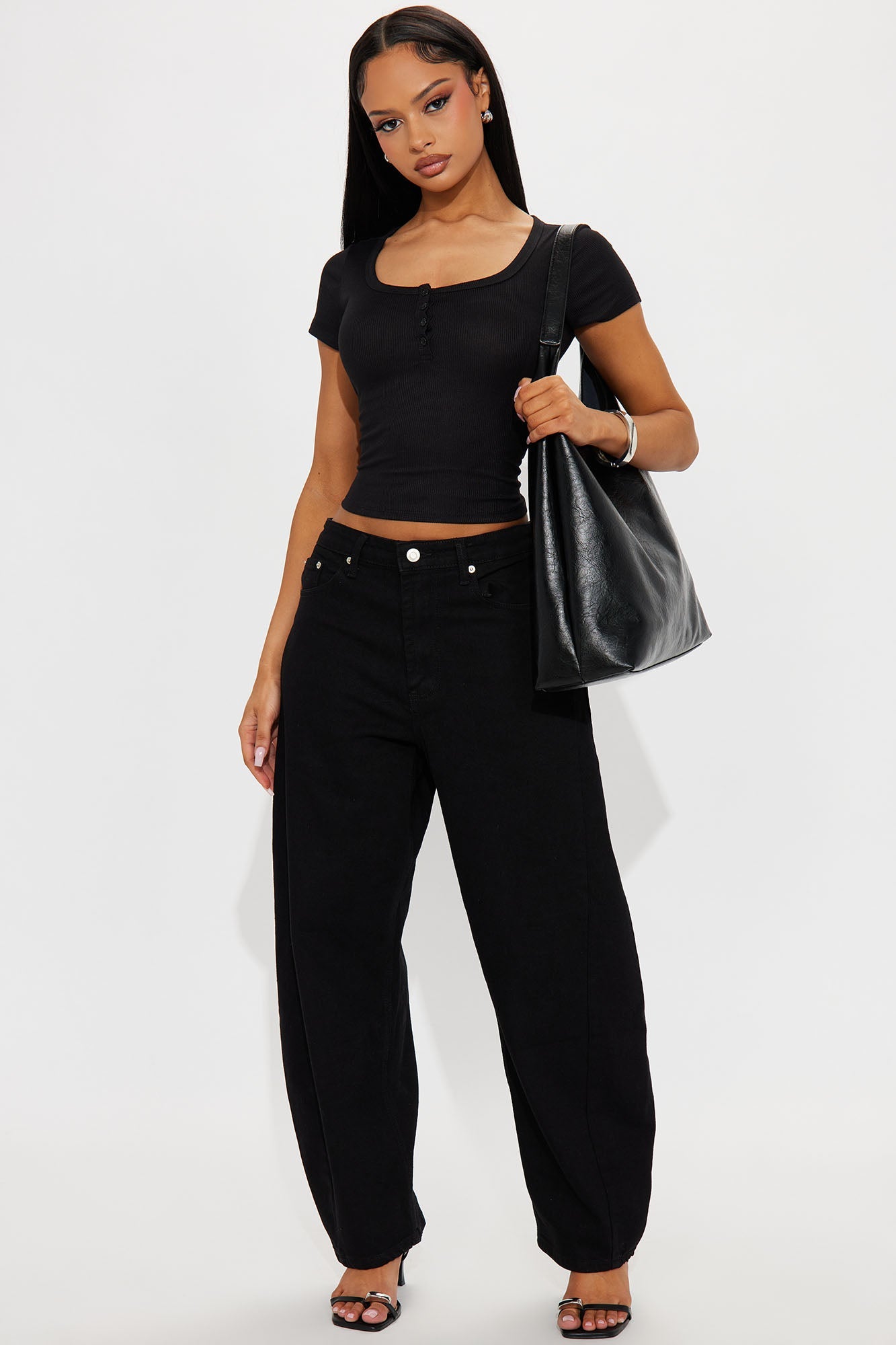 Katelyn Ribbed Short Sleeve Henley Top - Black