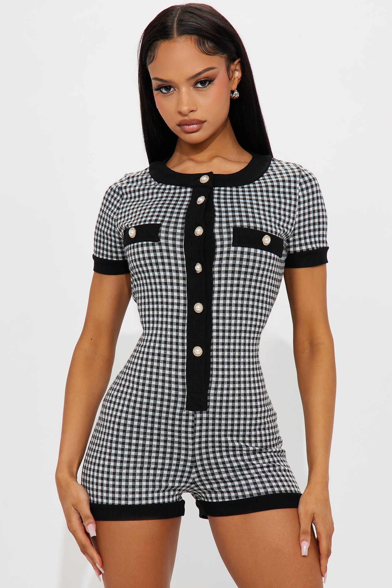Check And Mate Plaid Booty Shorts Romper - Black/combo