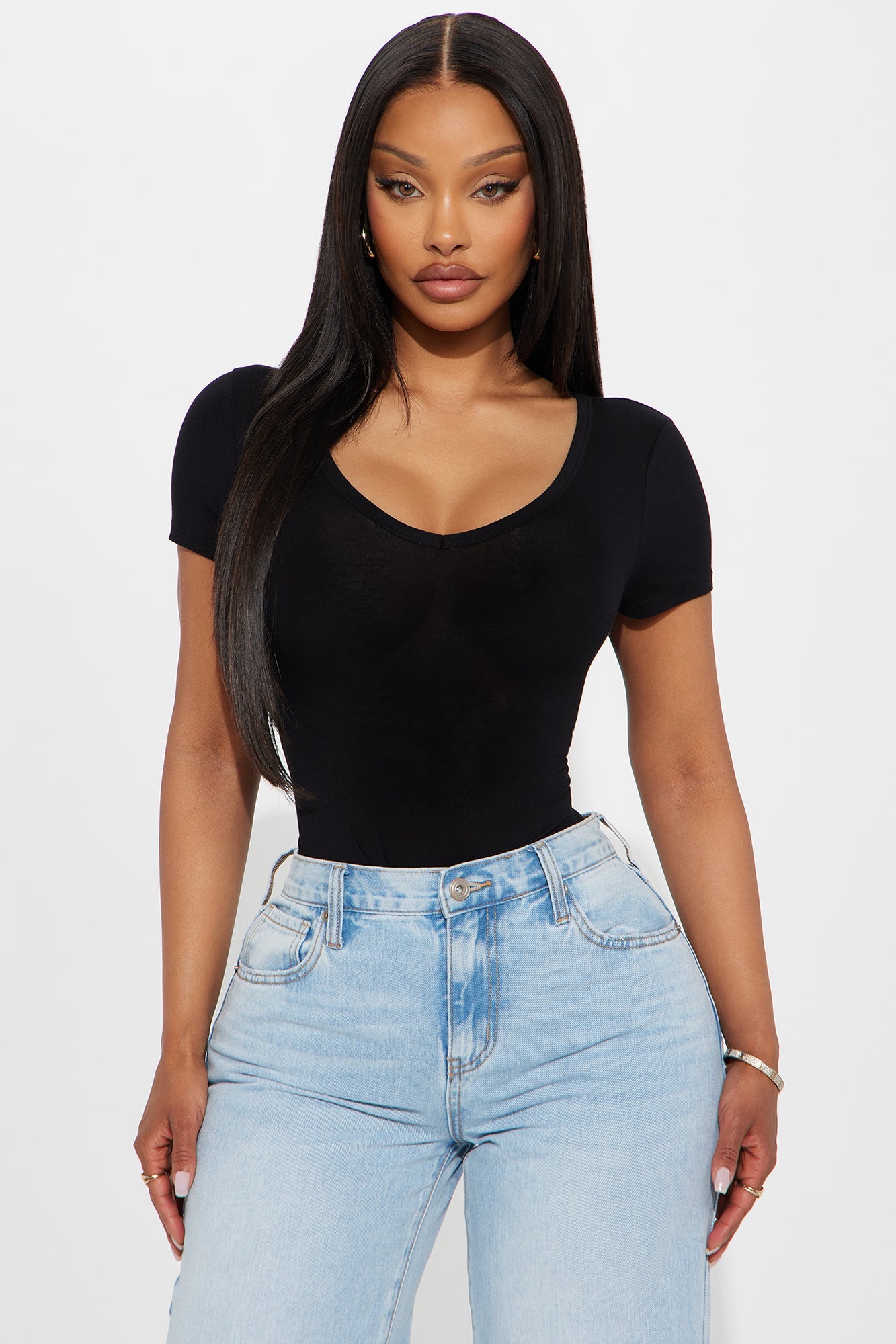 Nira V Neck Basic Bodysuit - Black
