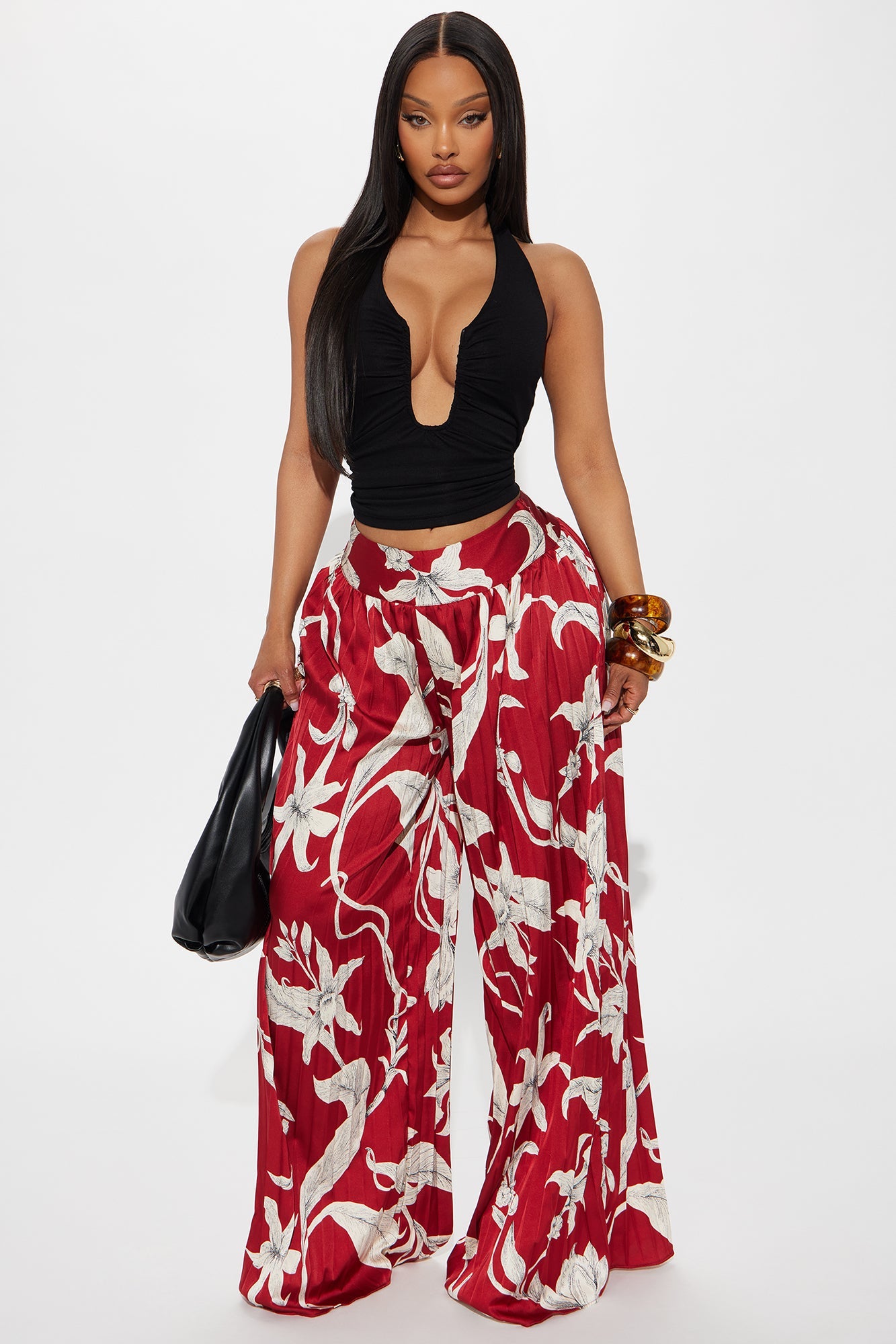 Leila Pleated Satin Wide Leg Pant - Burgundy