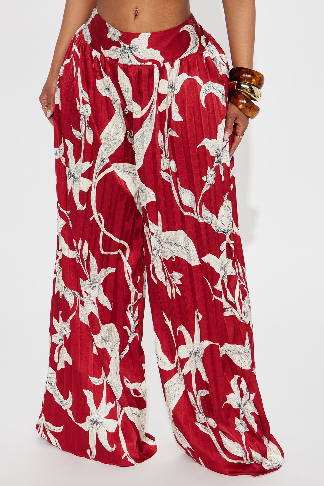 Leila Pleated Satin Wide Leg Pant - Burgundy