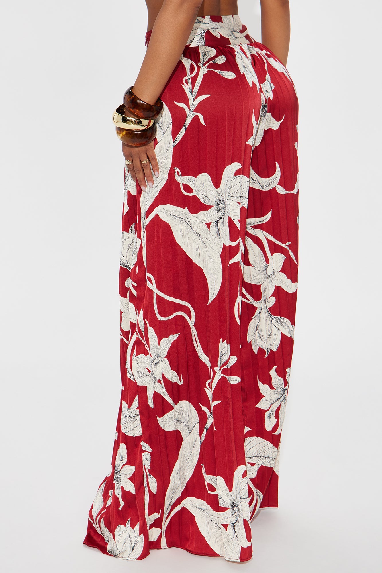 Leila Pleated Satin Wide Leg Pant - Burgundy