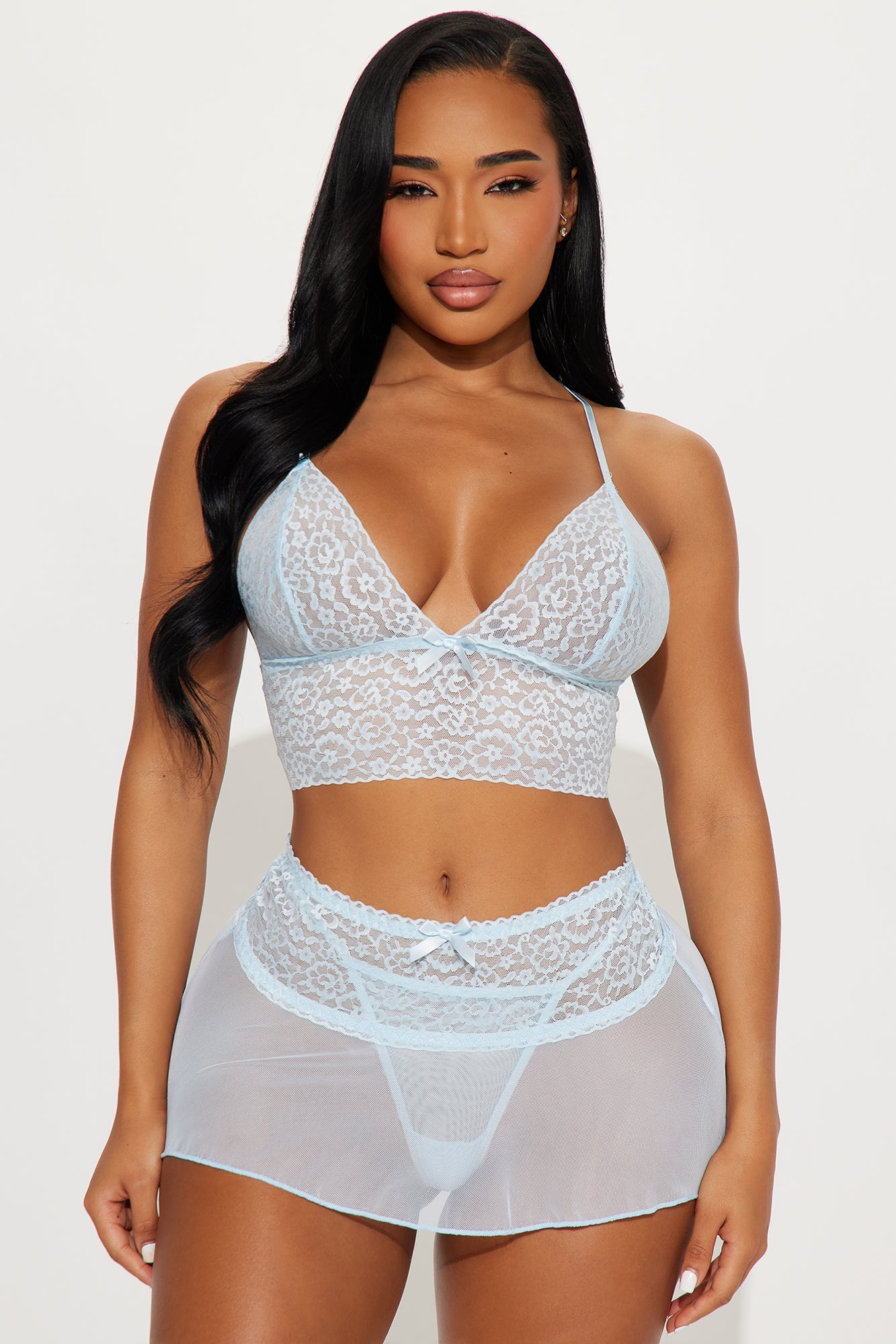 Lovers Lace 2 Piece Bralette And Skirt Set - Light Blue
