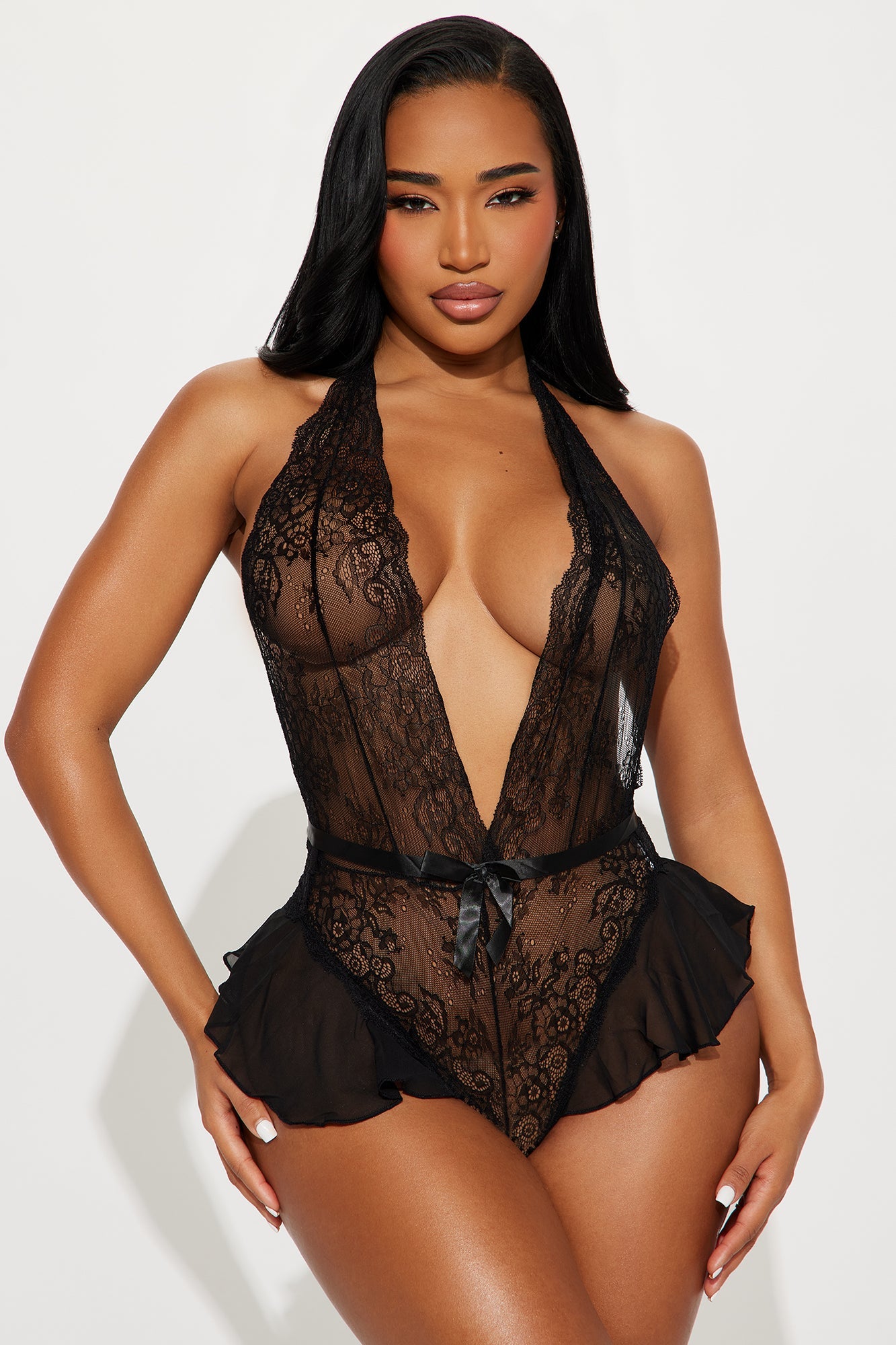 Call Me Baby Ruffle Plunge Teddy - Black