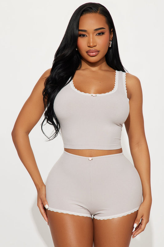 Too Sleepy Ribbed Tank PJ Short Set - Stone