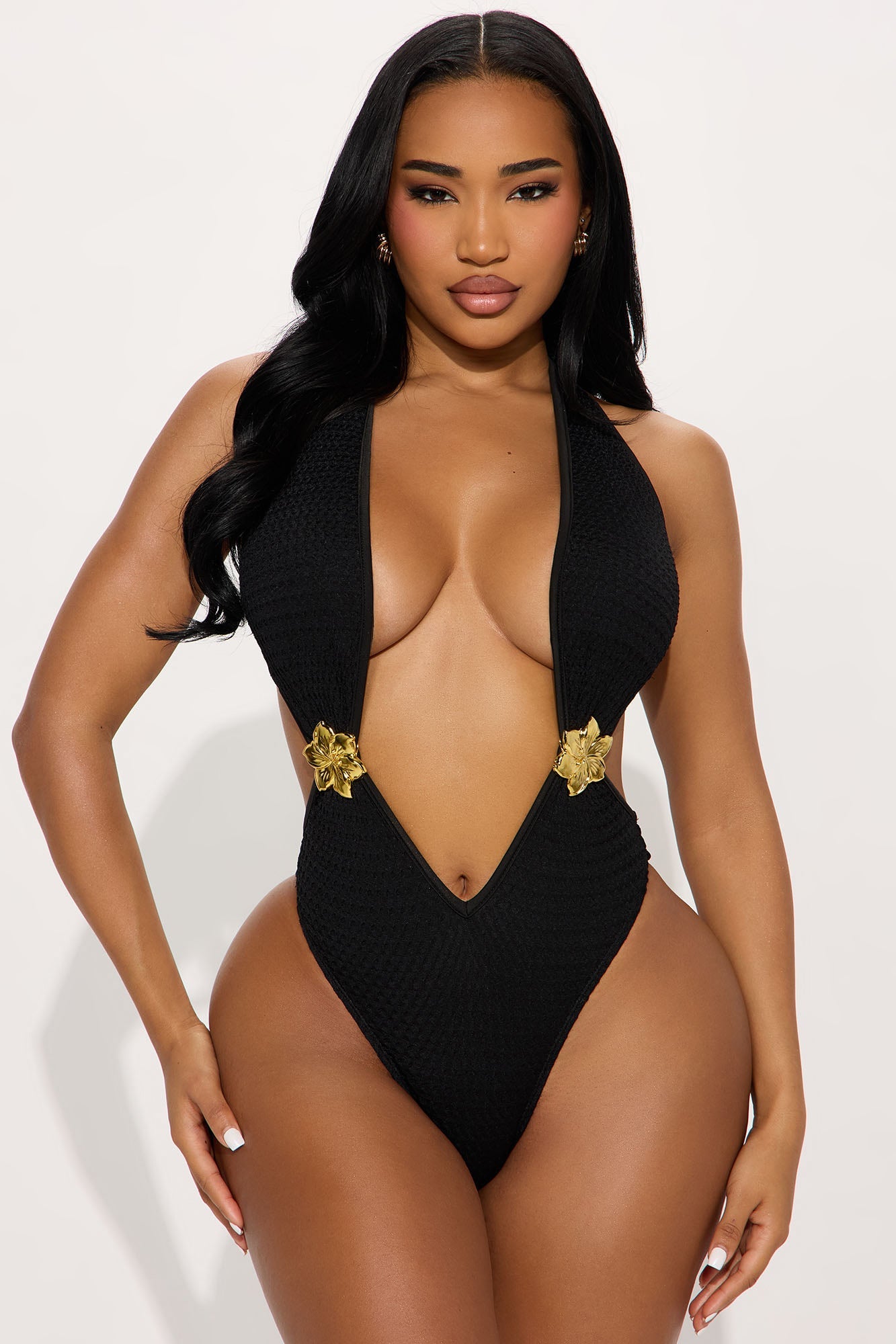 Paradise Island Textured Floral Hardware Multi Way 1 Piece Monokini - Black