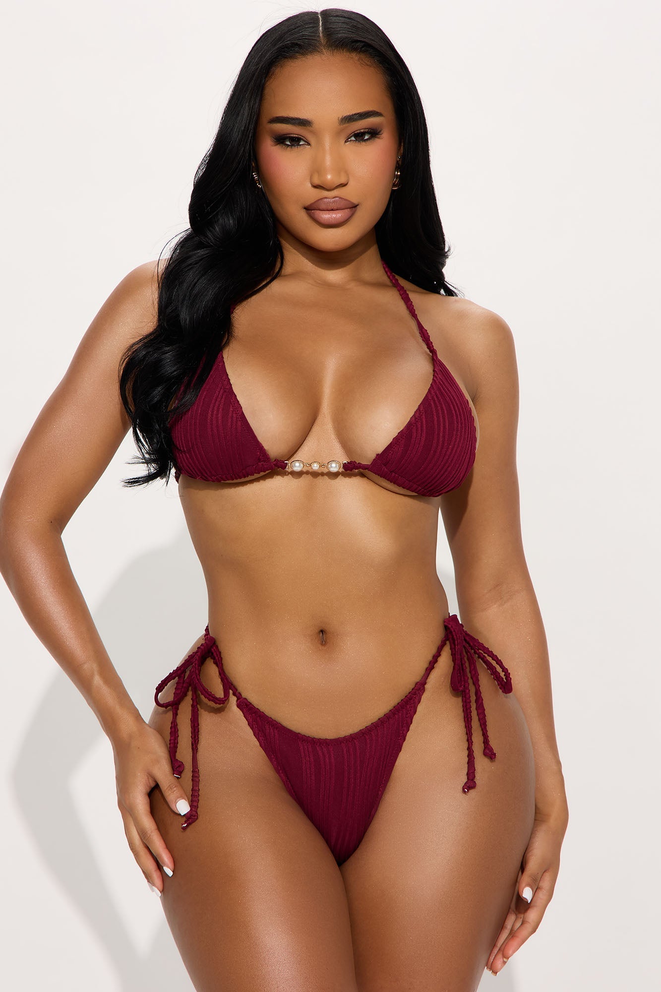 Prettiest Pearl Textured Hardware 3 Piece Bikini Set - Wine