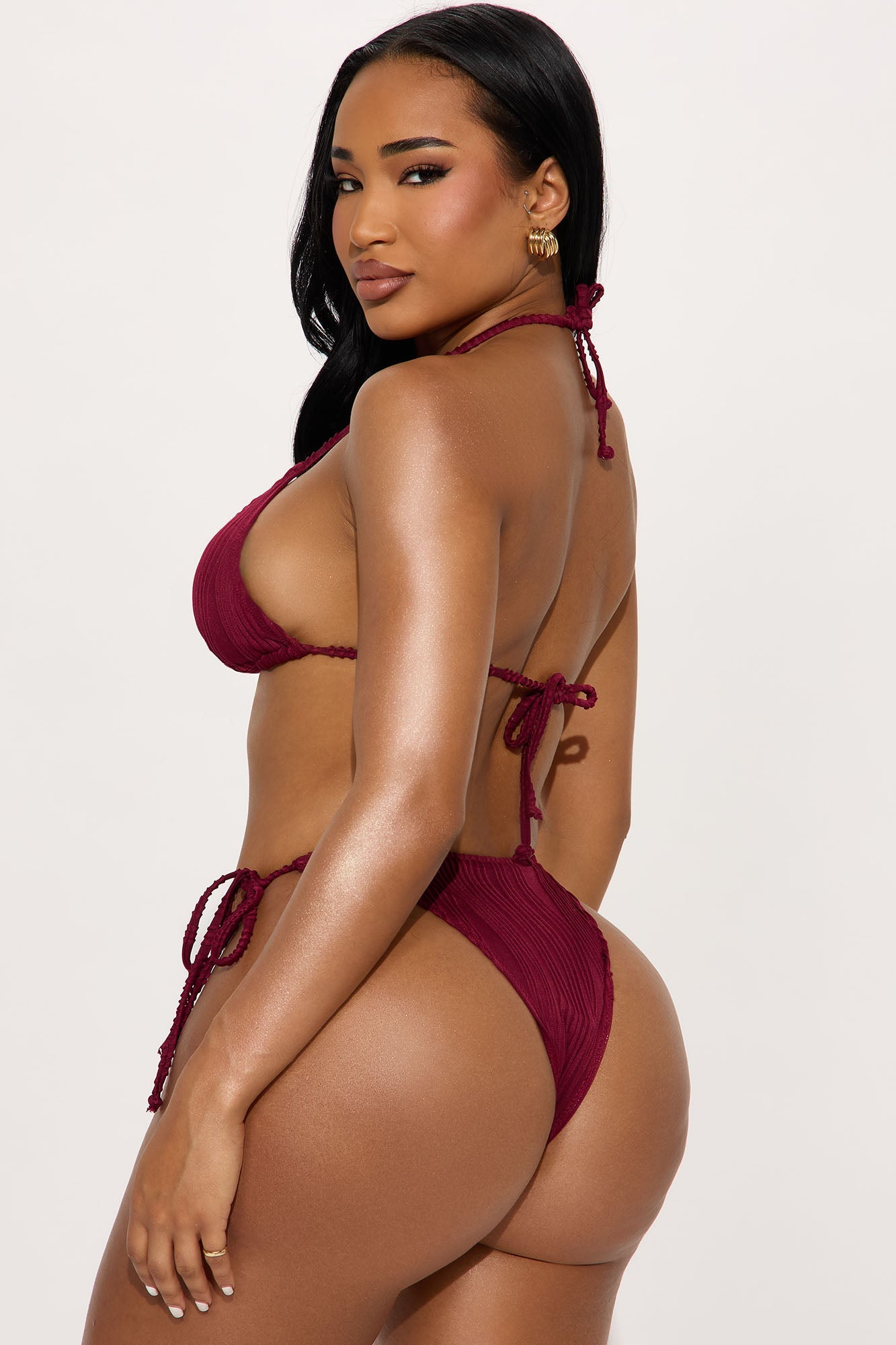 Prettiest Pearl Textured Hardware 3 Piece Bikini Set - Wine