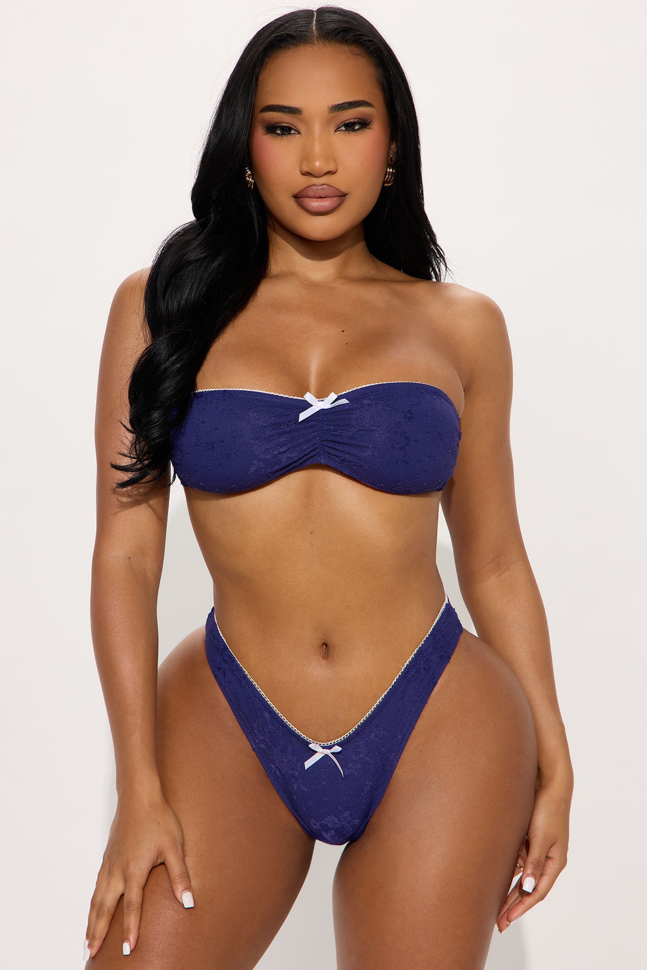 Lover's Touch Lace & Bows 3 Piece Bikini Skirt Set - Navy