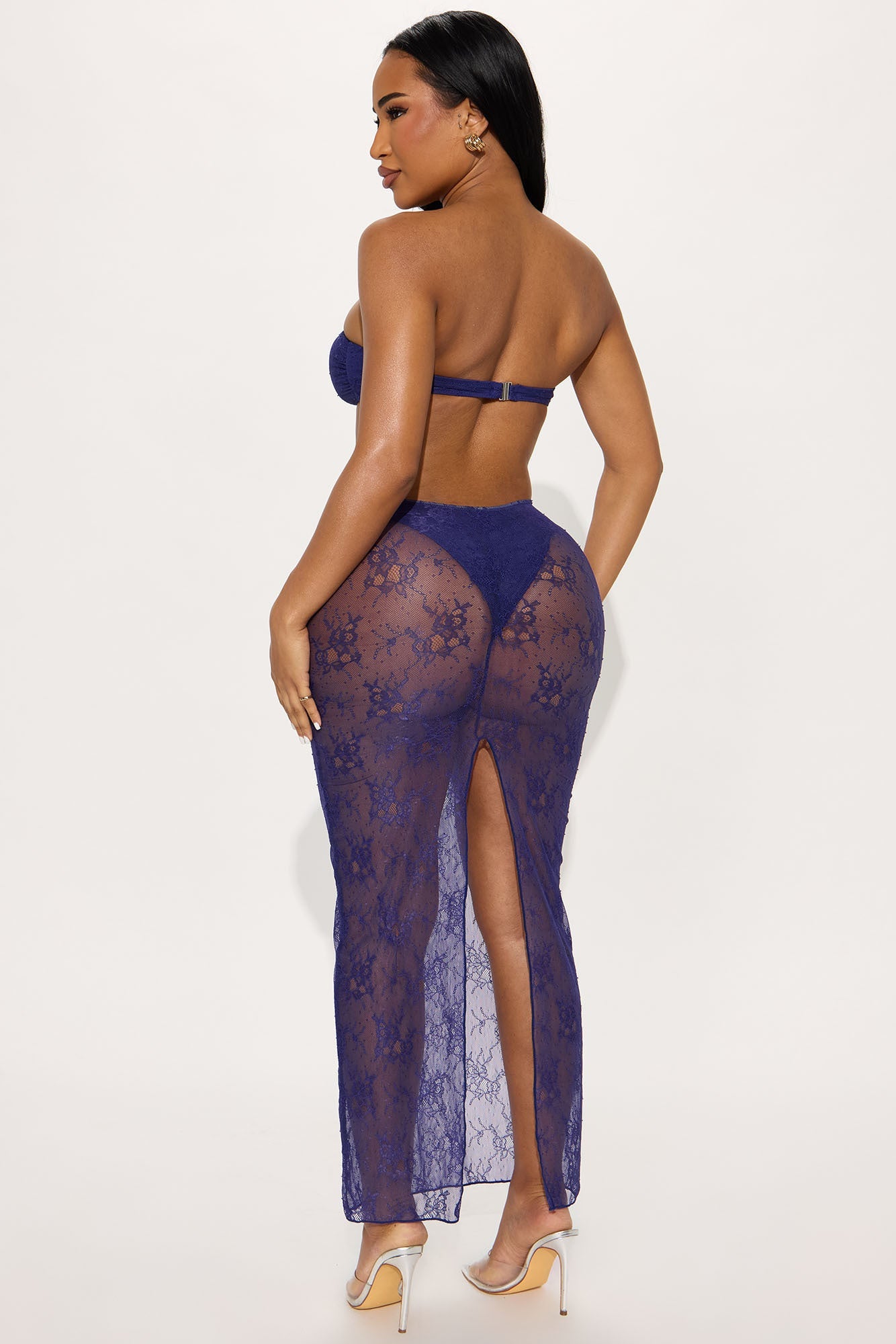 Lover's Touch Lace & Bows 3 Piece Bikini Skirt Set - Navy