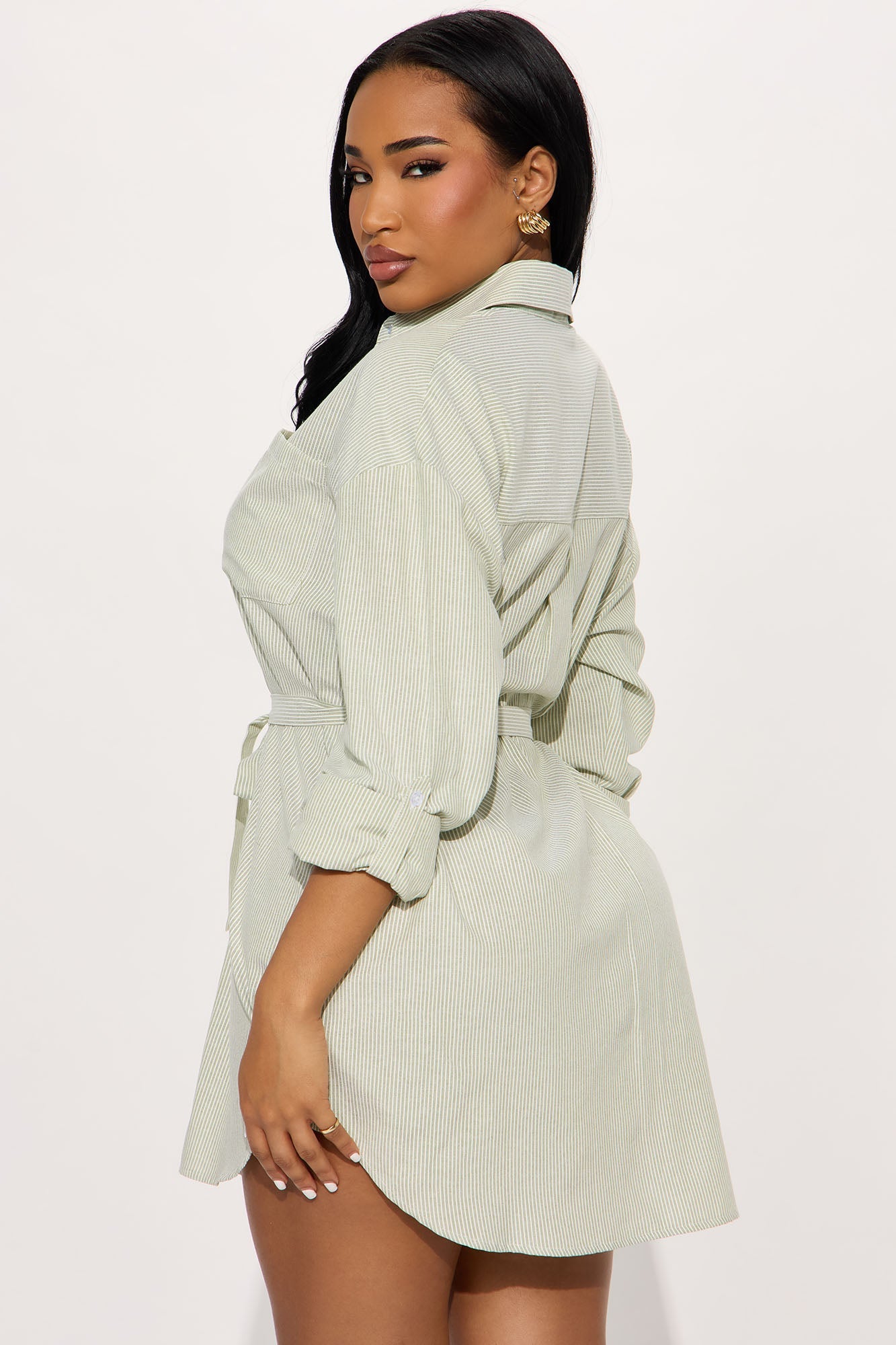 Morgan Pinstripe Shirt Mini Dress - Olive/combo
