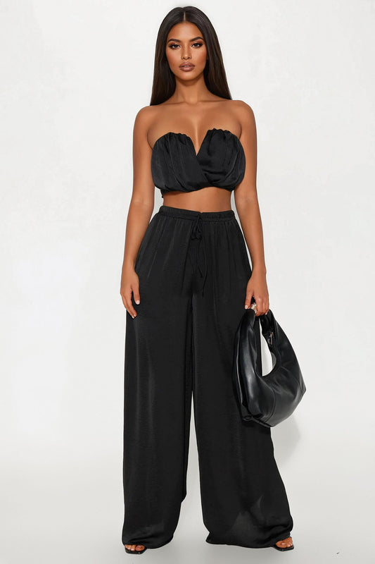 Eloise Satin Tube Top And Wide Leg Pant Set - Black