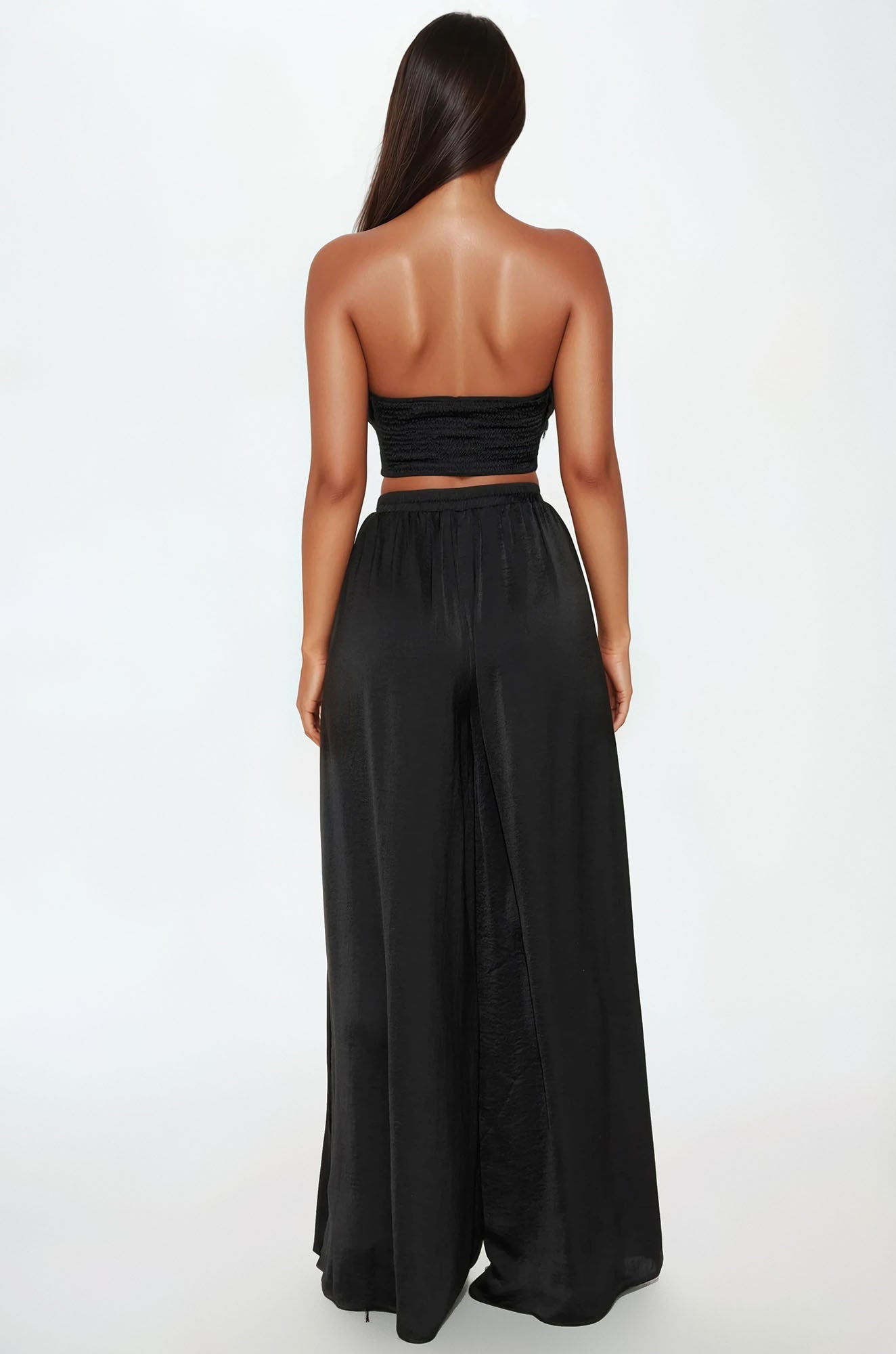 Eloise Satin Tube Top And Wide Leg Pant Set - Black