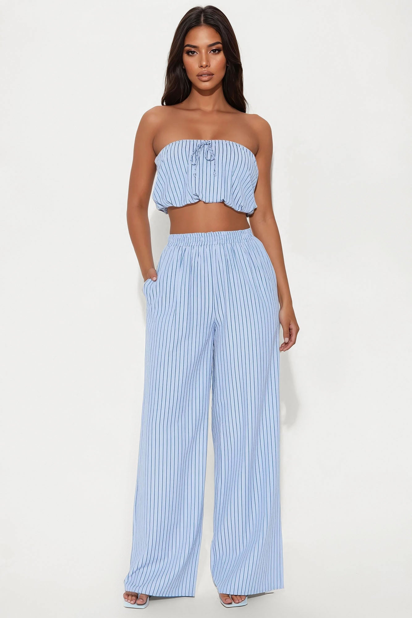 Gracie Pinstripe Pant Set - Light Blue