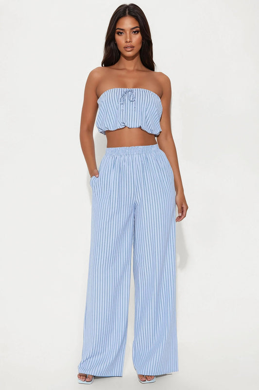 Gracie Pinstripe Pant Set - Light Blue