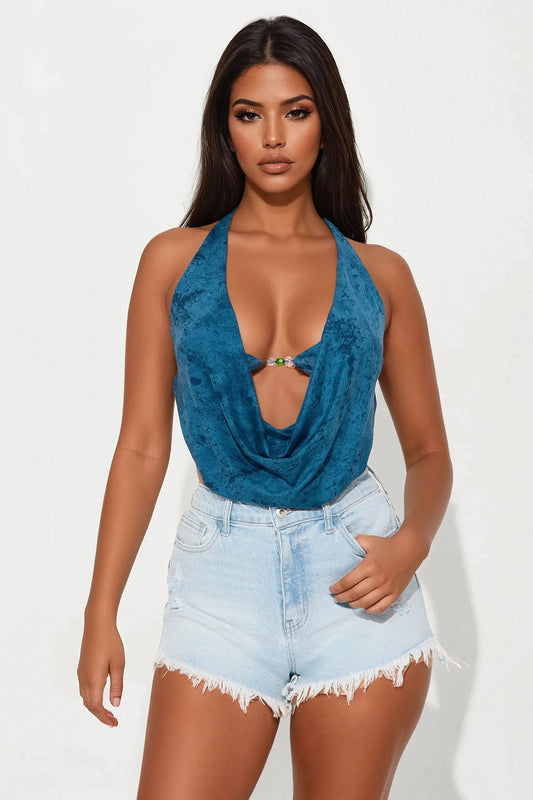 Deep Waters Cowl Neck Halter Top - Indigo