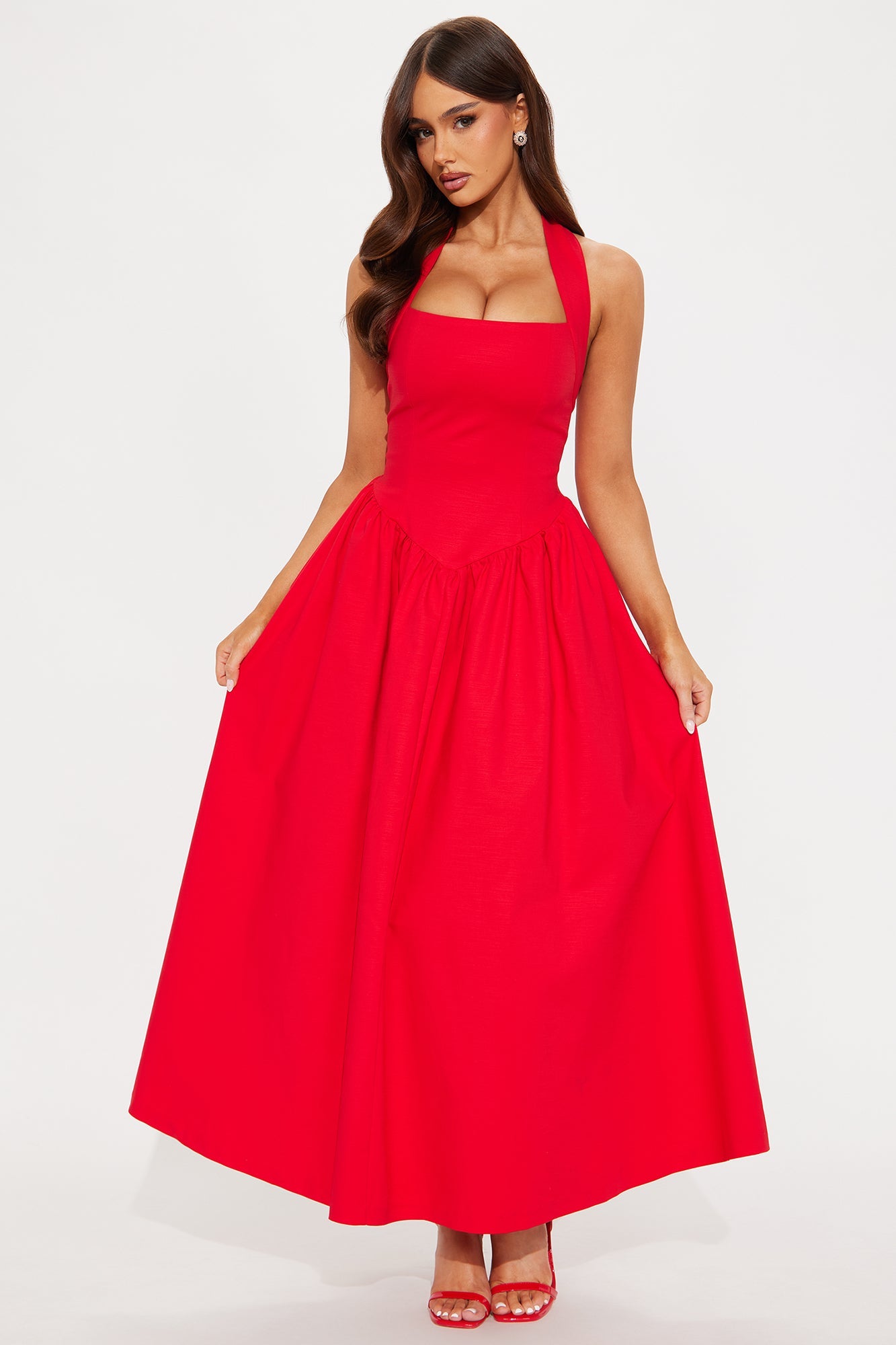 Gabrielle Drop Waist Halter Maxi Dress - Red