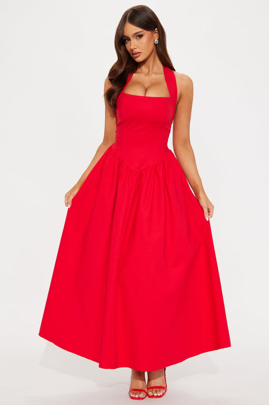 Gabrielle Drop Waist Halter Maxi Dress - Red
