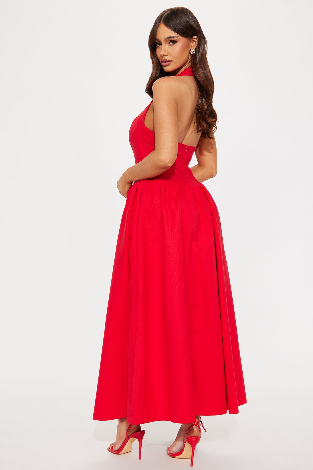 Gabrielle Drop Waist Halter Maxi Dress - Red