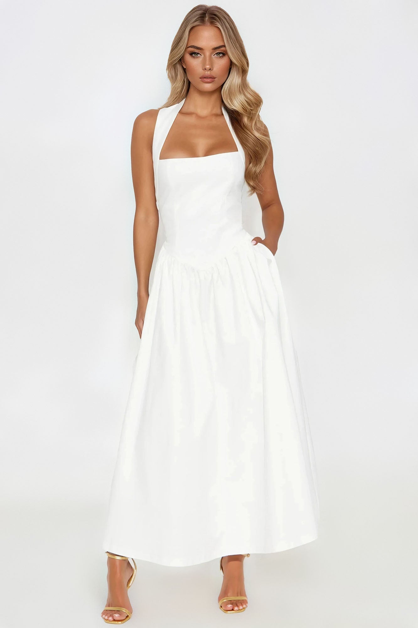 Gabrielle Drop Waist Halter Maxi Dress - White