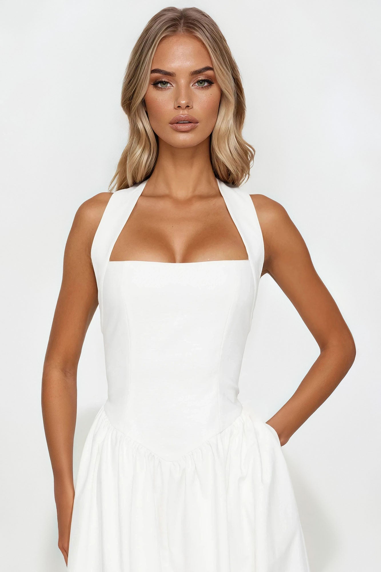 Gabrielle Drop Waist Halter Maxi Dress - White