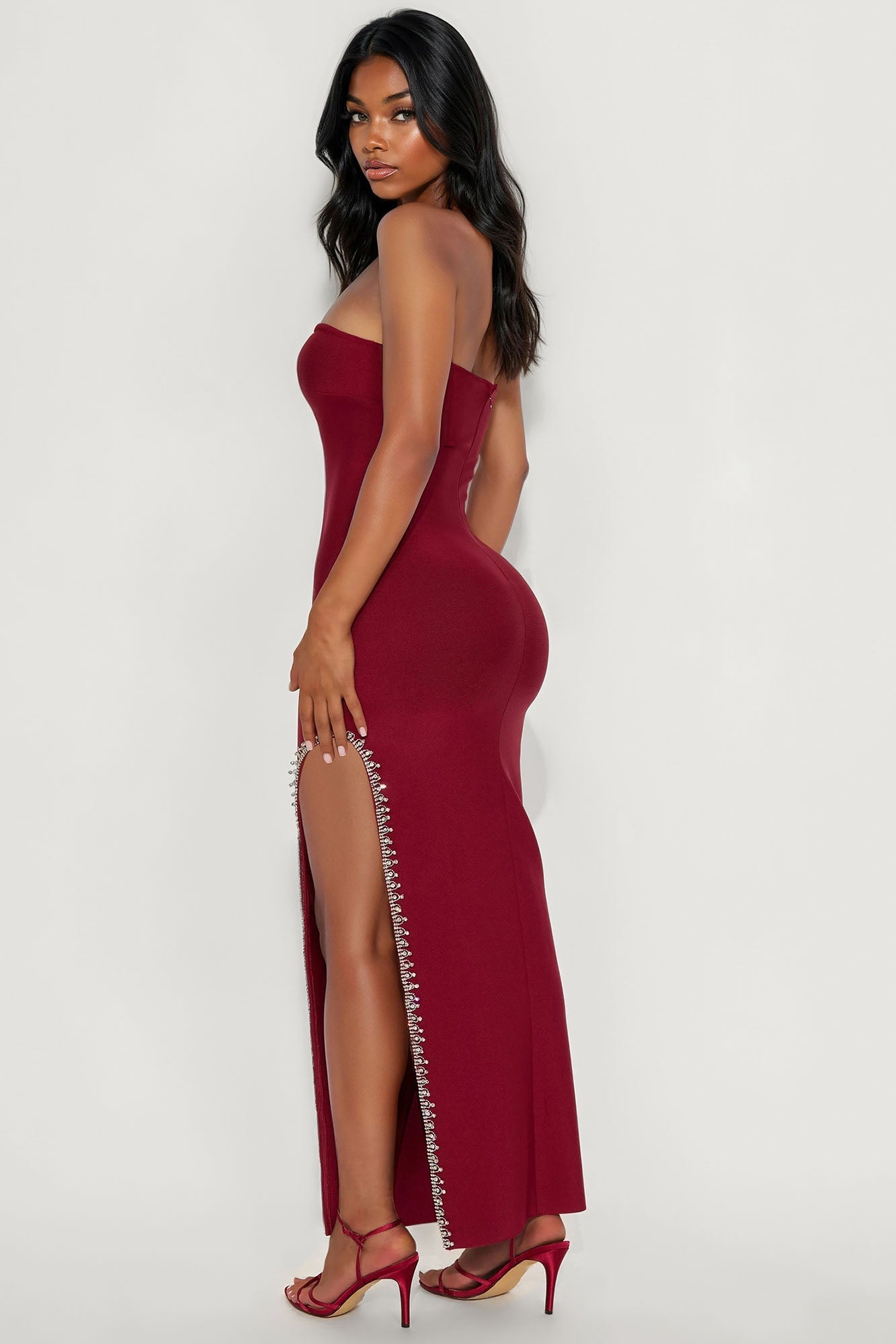 Champagne Elegance Bandage Midi Dress - Wine