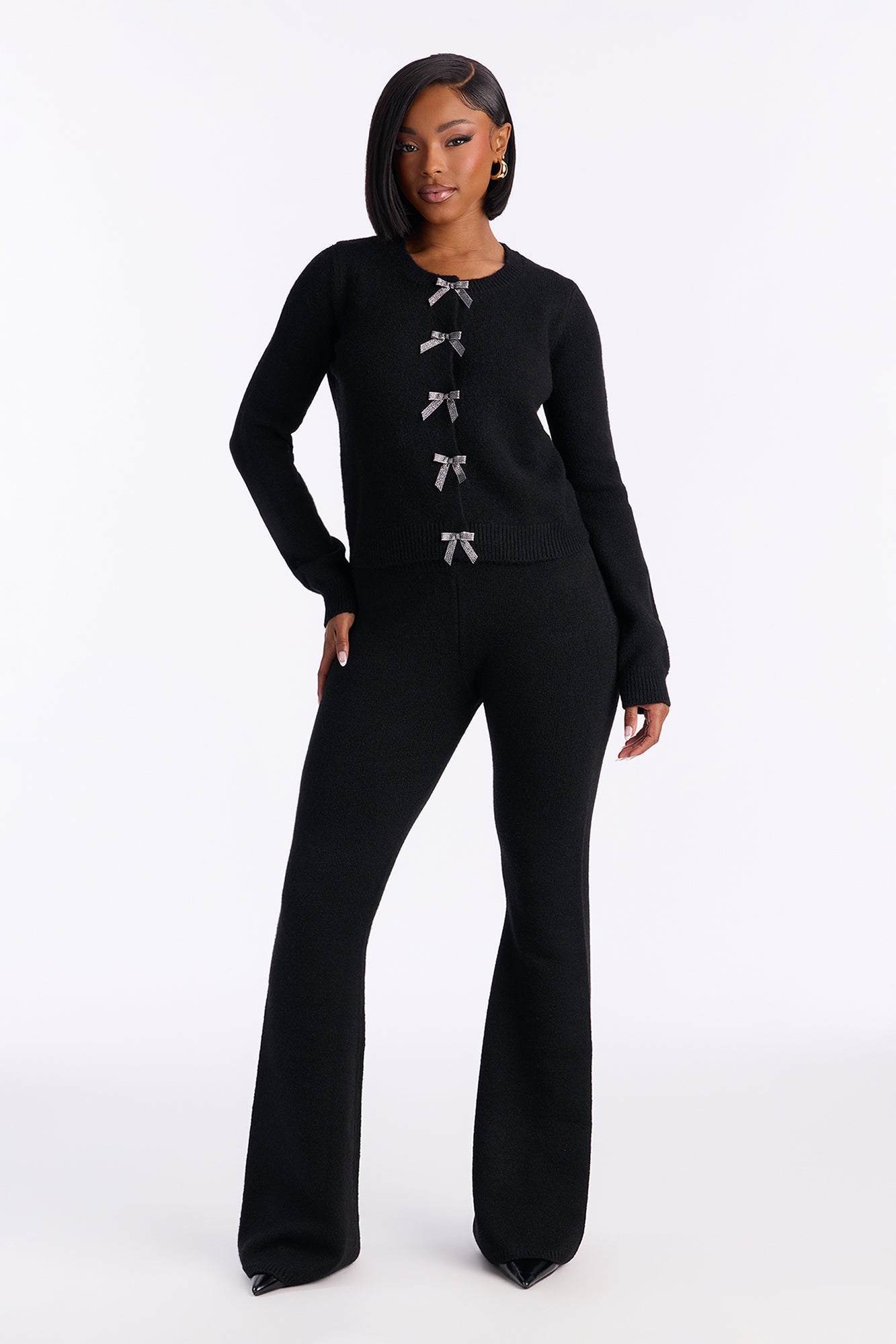 مجموعة بنطلون سترة مزينة بتصميم فيونكة - أسود