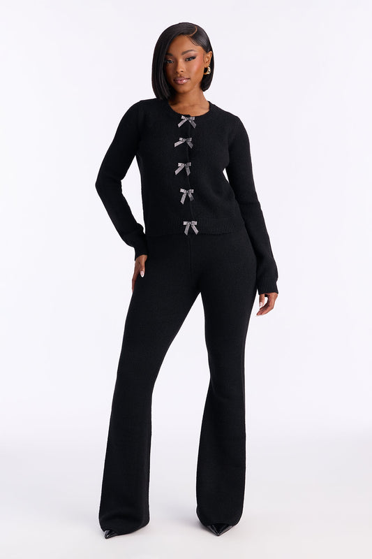 مجموعة بنطلون سترة مزينة بتصميم فيونكة - أسود