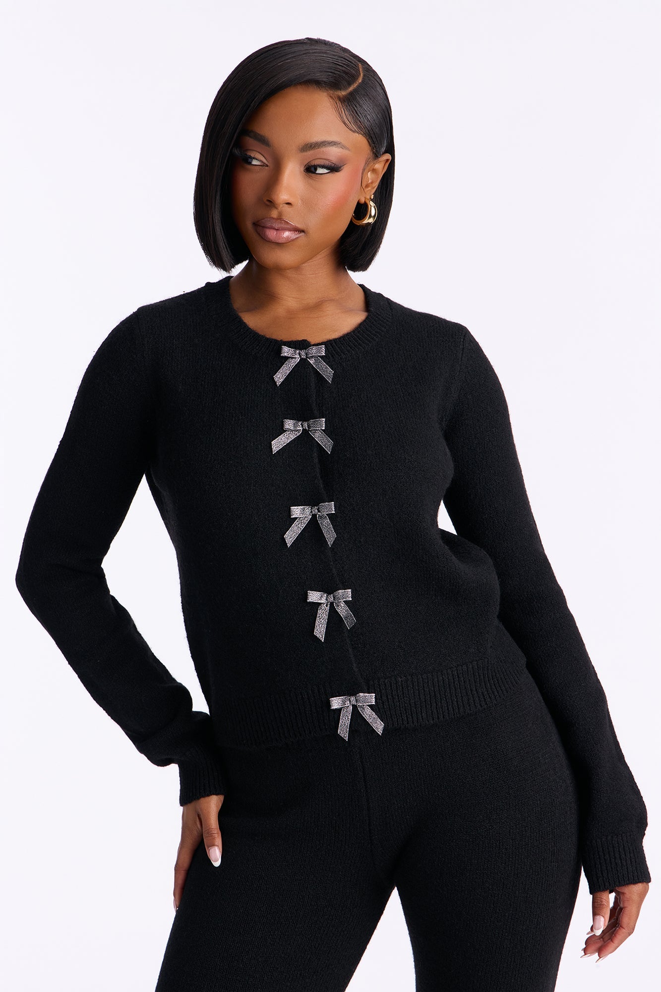 مجموعة بنطلون سترة مزينة بتصميم فيونكة - أسود