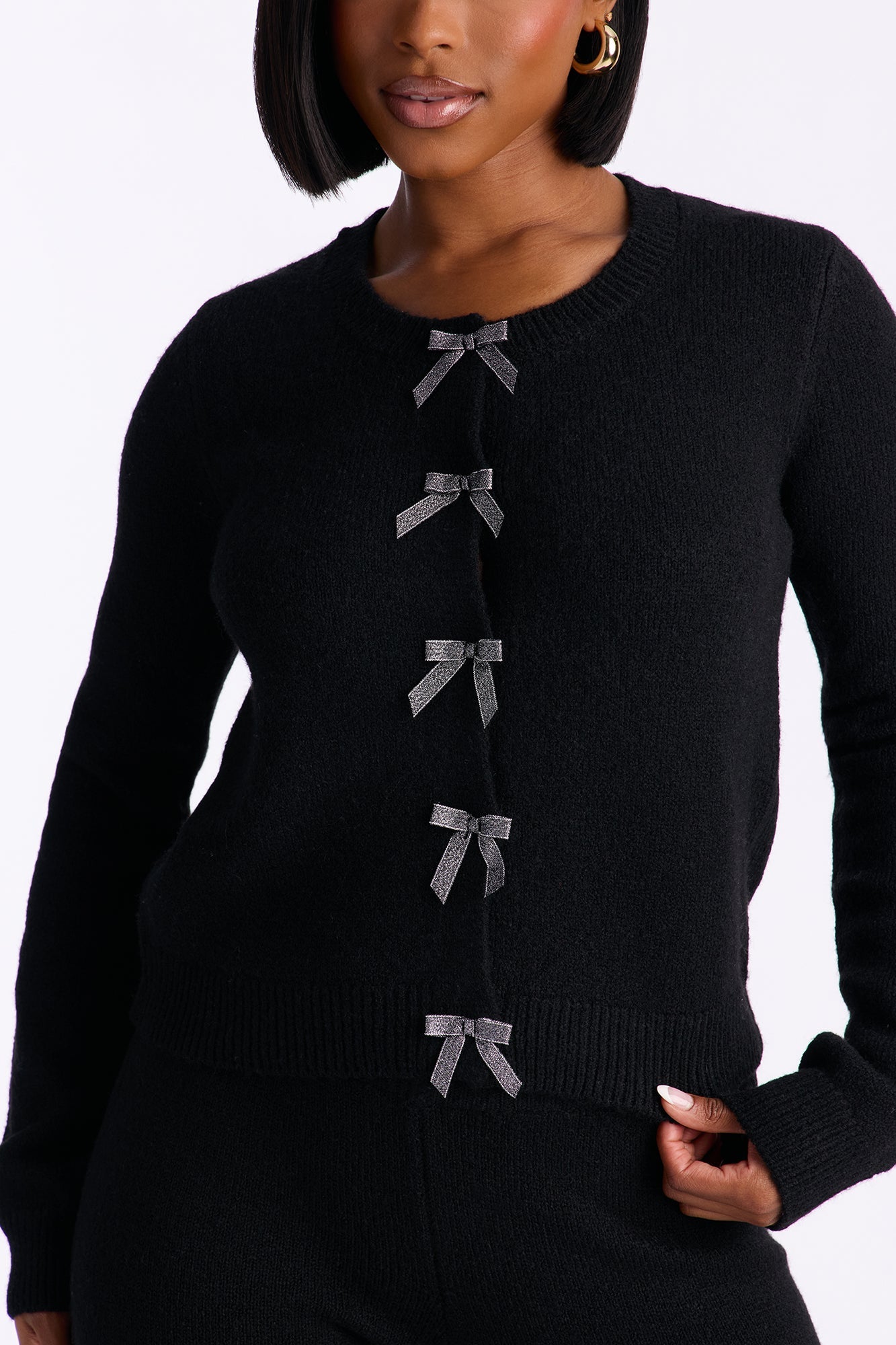 مجموعة بنطلون سترة مزينة بتصميم فيونكة - أسود