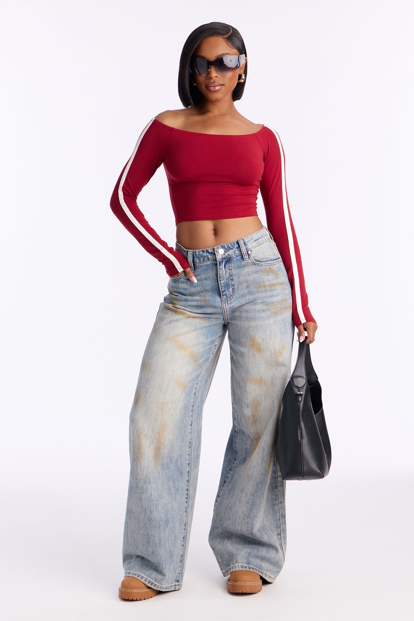 بلوزة كيلسي بأكمام طويلة ومكشوفة الكتفين - بورجوندي