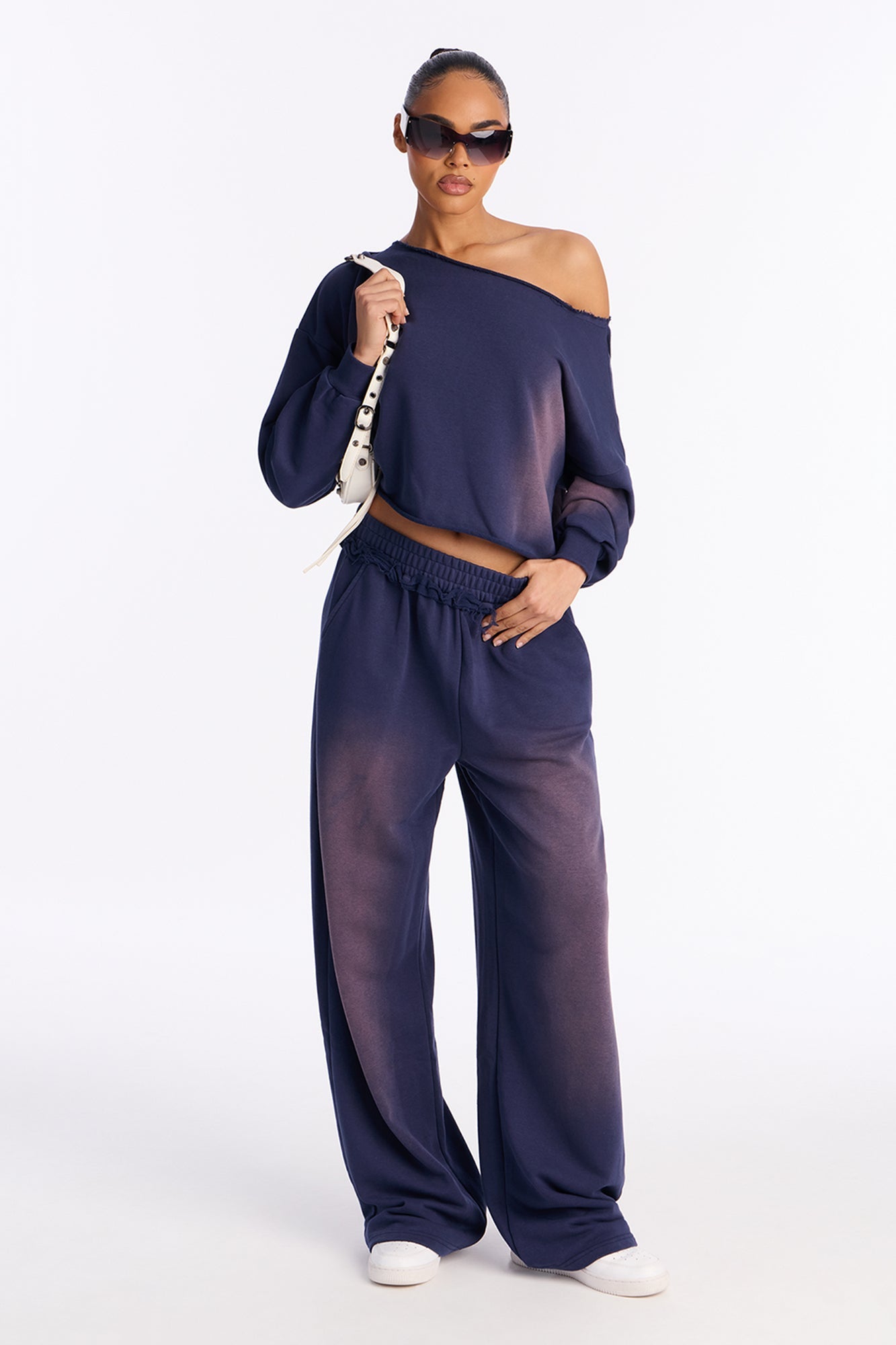 Effortless Fade Washed Off Shoulder Sweatshirt - Navy