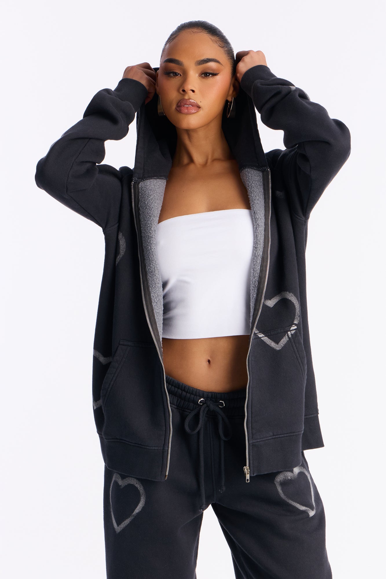 Heart On My Sleeve Fleece Pant Set - Charcoal