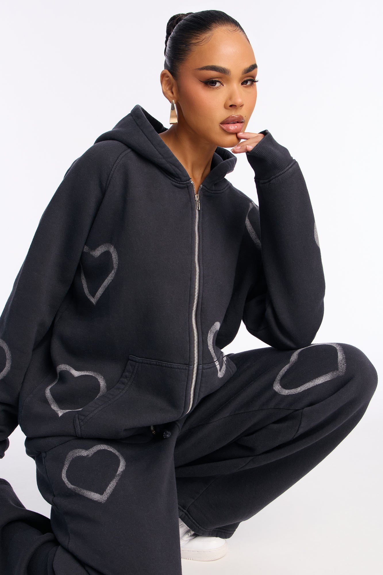 Heart On My Sleeve Fleece Pant Set - Charcoal