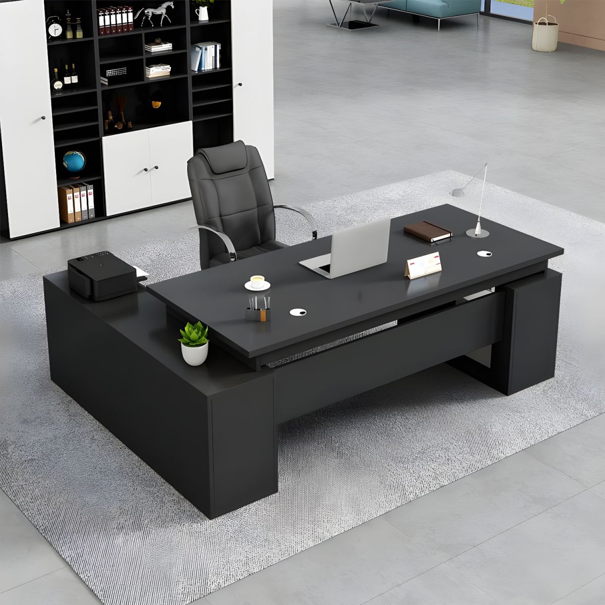 Modern L-Shape Writing Desk with Wood Base and Cable Management