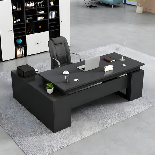 Modern L-Shape Writing Desk with Wood Base and Cable Management