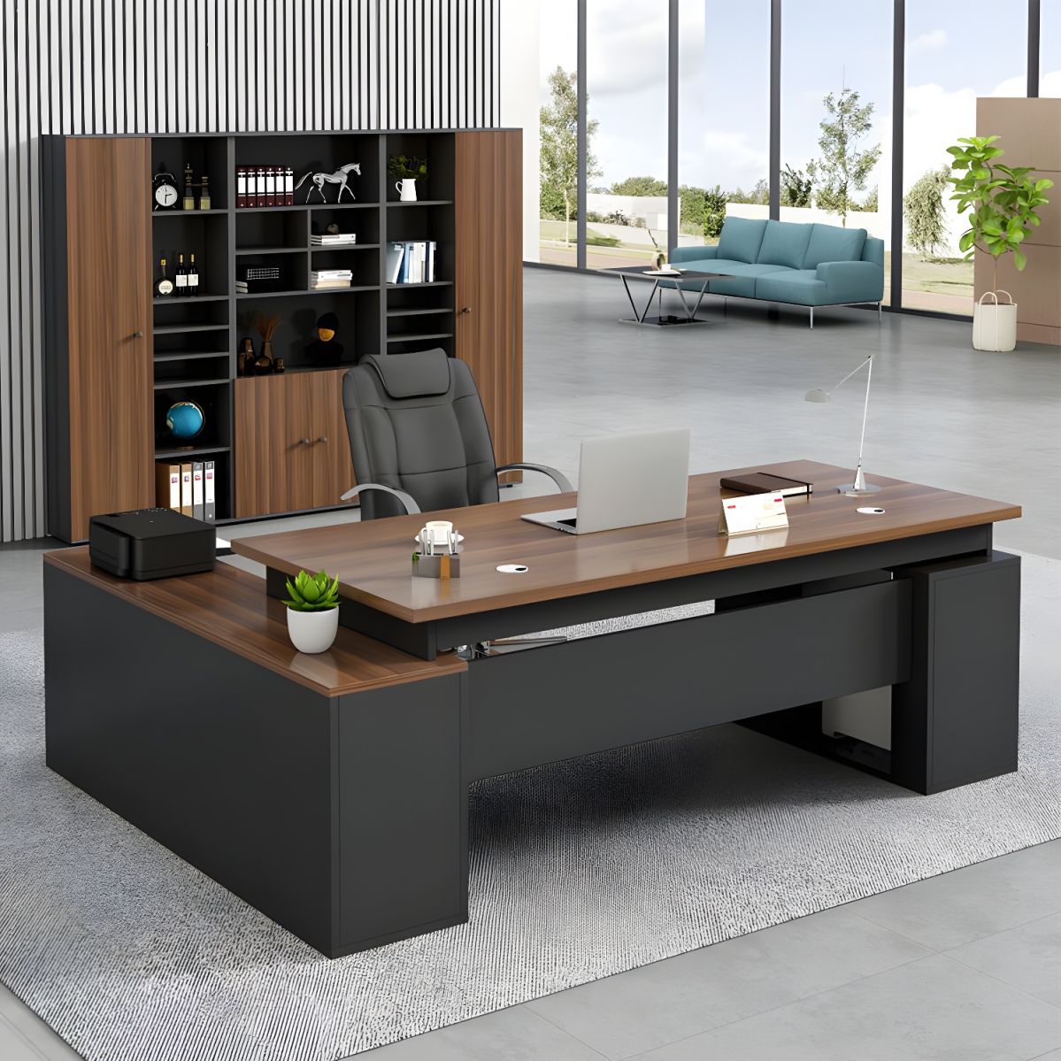Modern L-Shape Writing Desk with Wood Base and Cable Management