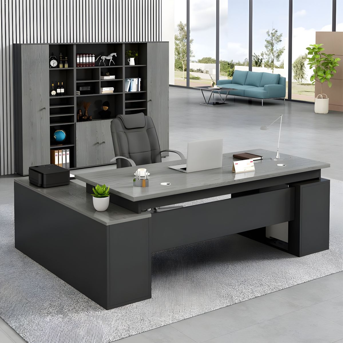 Modern L-Shape Writing Desk with Wood Base and Cable Management