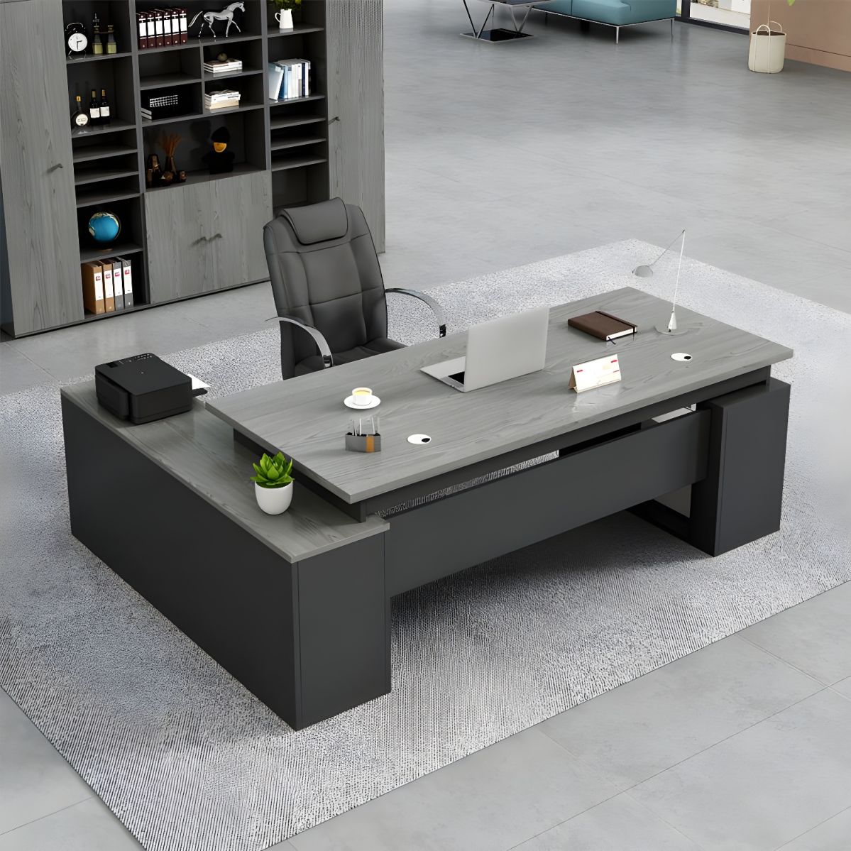 Modern L-Shape Writing Desk with Wood Base and Cable Management