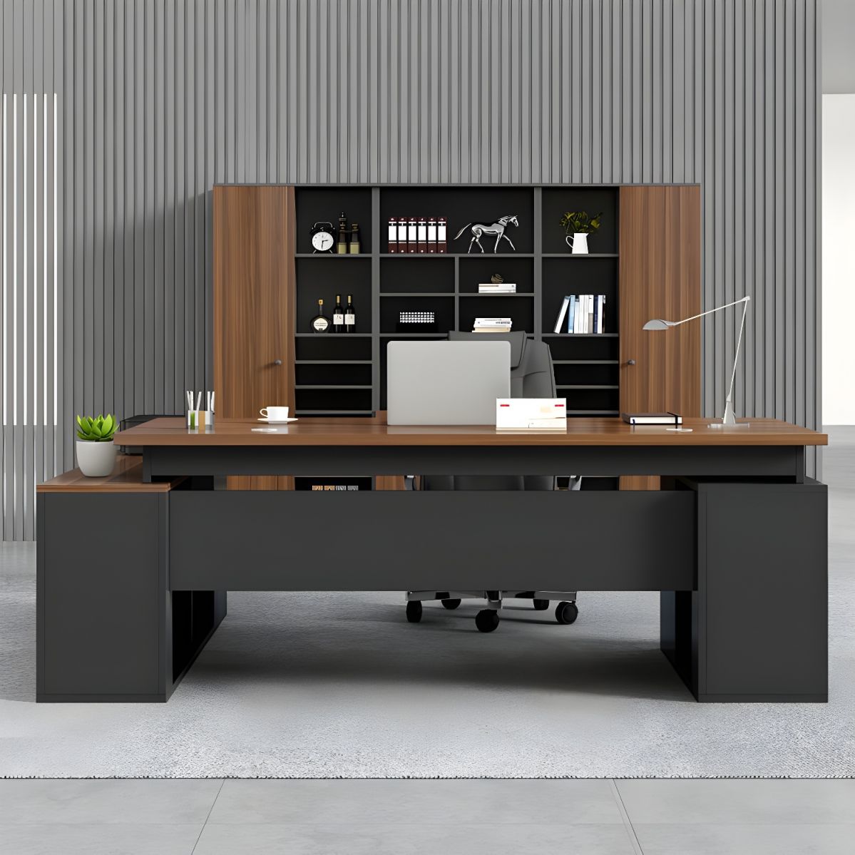Modern L-Shape Writing Desk with Wood Base and Cable Management