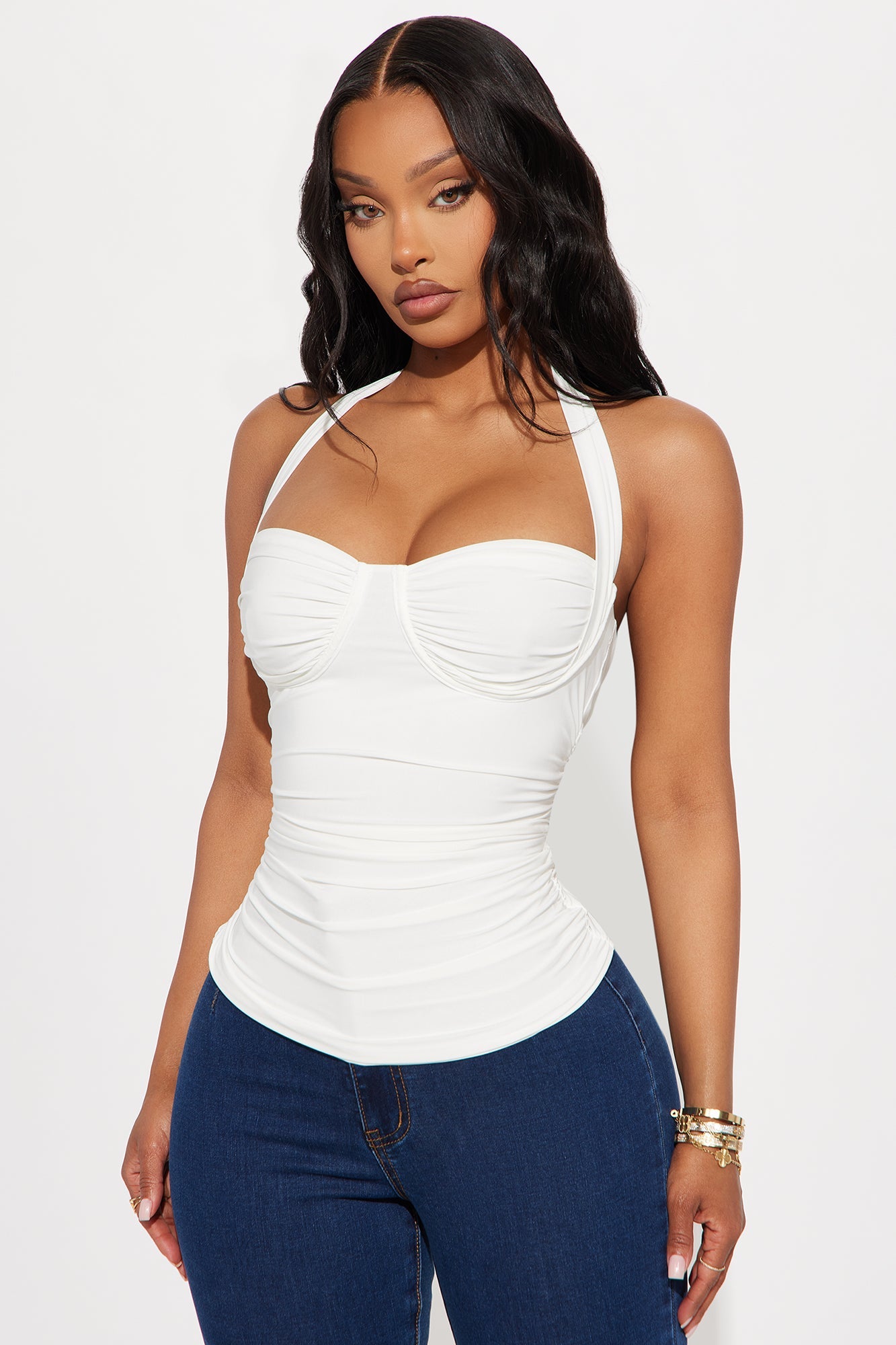 Just A Feeling Ruched Halter Top - White