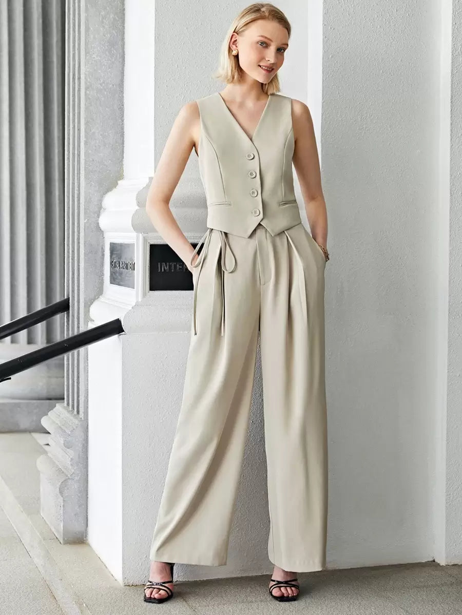 BizChic Gilet de travail kaki unicolore sans col avec col en V et boutons devant