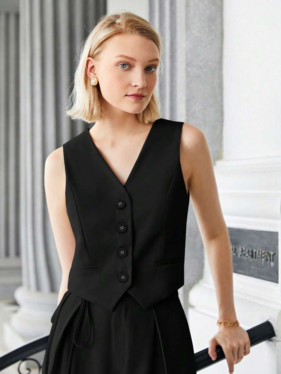 BizChic Gilet de travail kaki unicolore sans col avec col en V et boutons devant