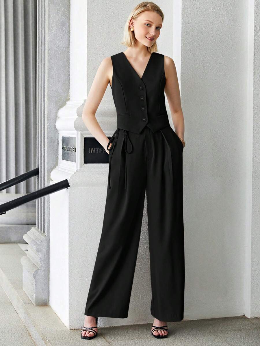 BizChic Gilet de travail kaki unicolore sans col avec col en V et boutons devant